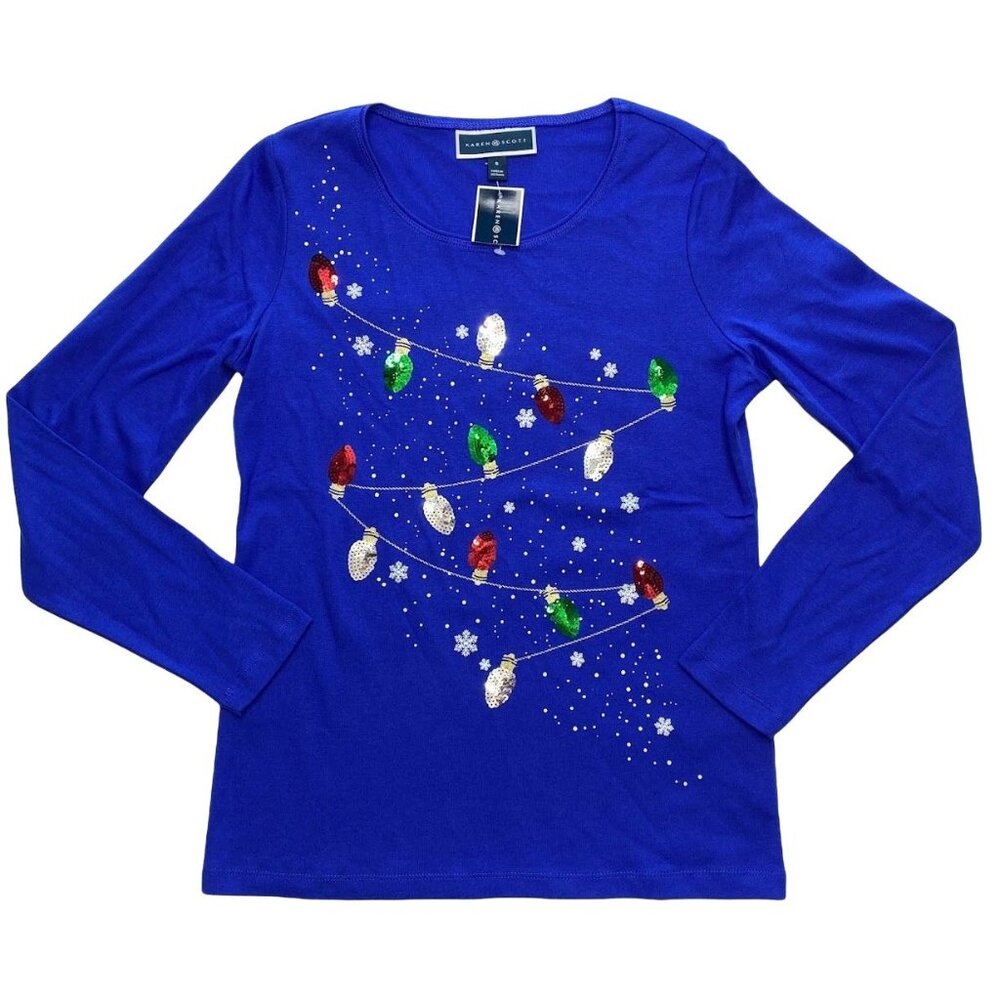 Karen Scott Sequin Shirt Top Women's‎ SMALL Blue Seasonal Lights Long-Sleeve NEW